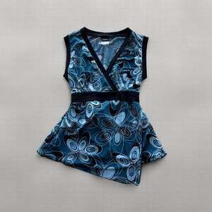 Vintage Y2K Tangents Womens M Blue Swirl Floral Wrap Top Tie Waist Sleeveless